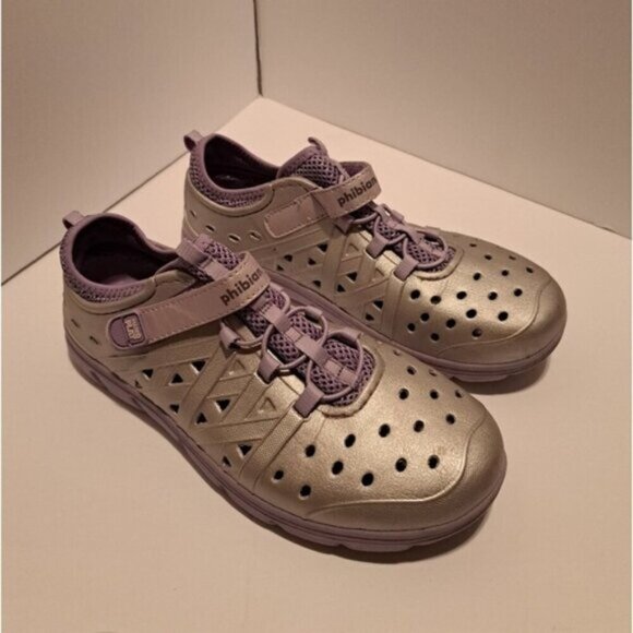 Stride Rite phibian big girls size 5, silver and purple, hook n loop closure - Picture 1 of 11
